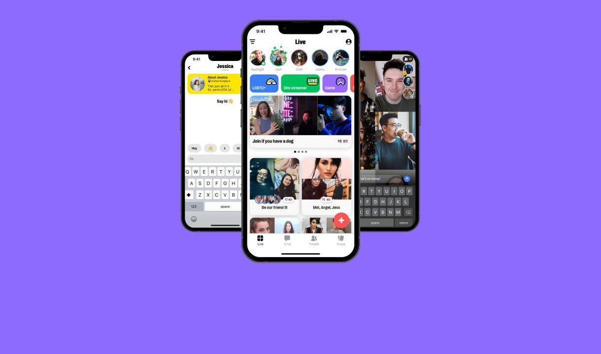 Live feed screen, private message screen and livestream screen on Yubo